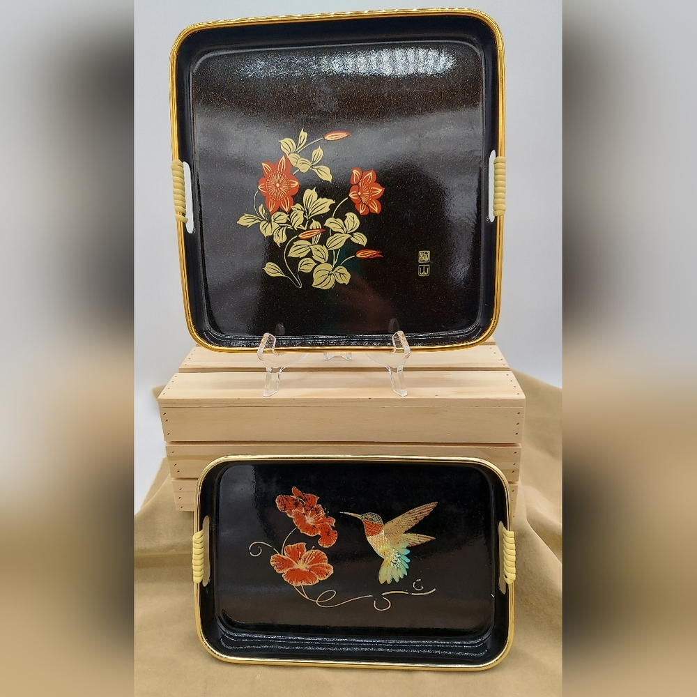 2 Vtg Japanese Black Lacquer Serving Tray Gold Trim Hummingbird
